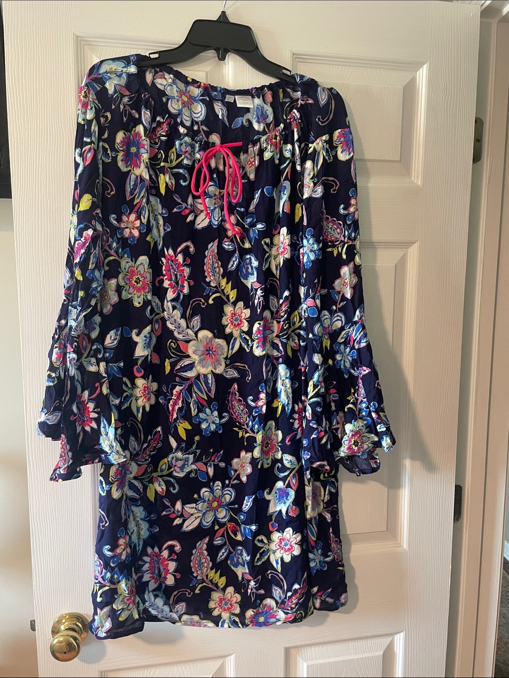 Anne Cole Navy Floral Swim Coverup with Bright Pink Tie